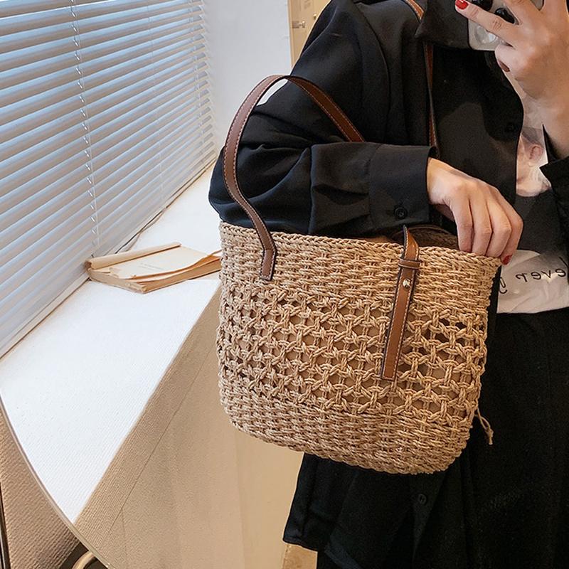 Соломенная сумка-ведро большой емкости для женщин, летняя тканая пляжная сумка-тоут с верхней ручкой, сумка-шоппер