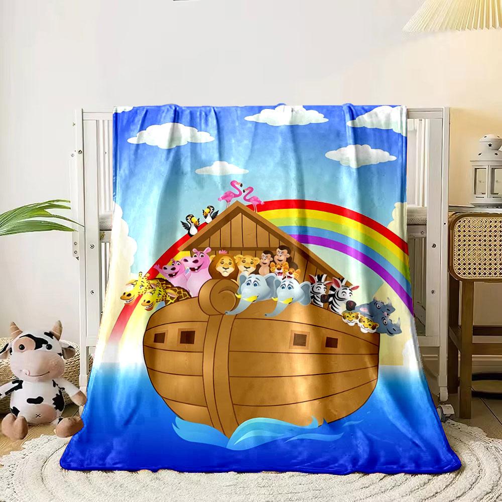 Animals aboard an ark under a rainbow with blue skies and clouds. for all seasons blanket lunch break throw gift