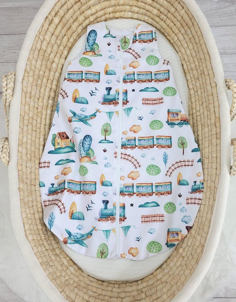 Cotton rounded sleeping bag for children S 0-6 months summer TOG 1.0 - turquoise train