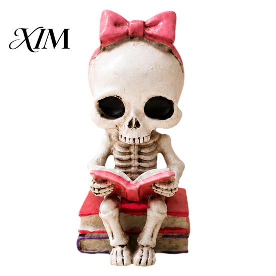 Unique Dark Aesthetic Room Decor Skull Reading Book Ornament, Artistic Pink Bow Sculpture, Fantasy Interior Ornament Retro Gothic Resin Figurine