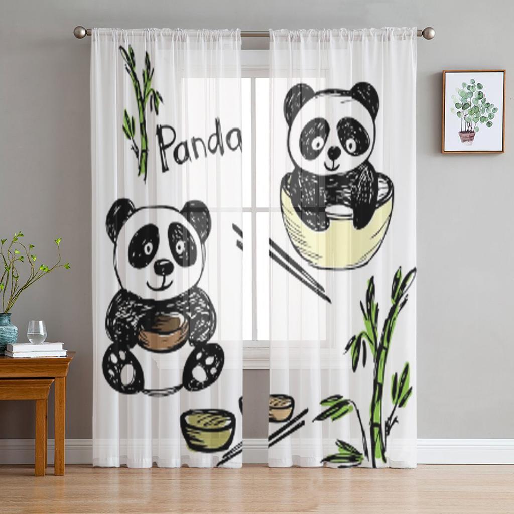 Детеныш панды, сидящий среди бамбуковых стеблей, прозрачные занавески из тюля для гостиной, спальни, кухни, вуаль, занавески из органзы