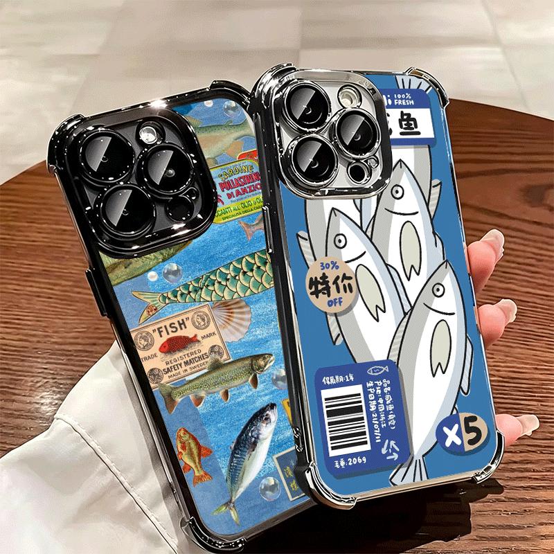 Скидка Чехол для телефона с рисунком соленой рыбы Для Iphone 16 17 Pro Max Air 16E 14 15 Plus 12 13 Mini Противоударный Чехол с подушкой безопасности