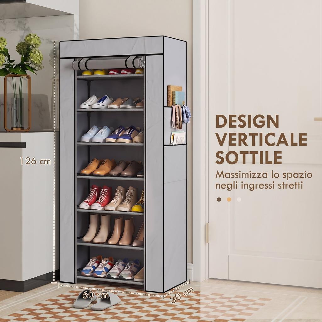 7-Tier Steel Shoe Rack, Non-Woven Fabric Cover, 60x30x126cm, Gray
