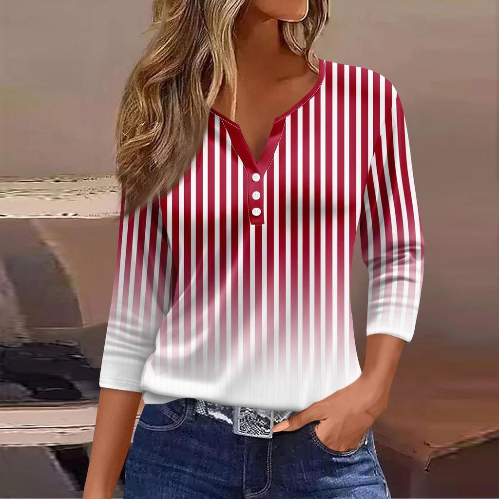 Женский модный повседневный топ с рукавом три четверти и пуговицами в полоску с градиентным принтом и круглым вырезом с принтом