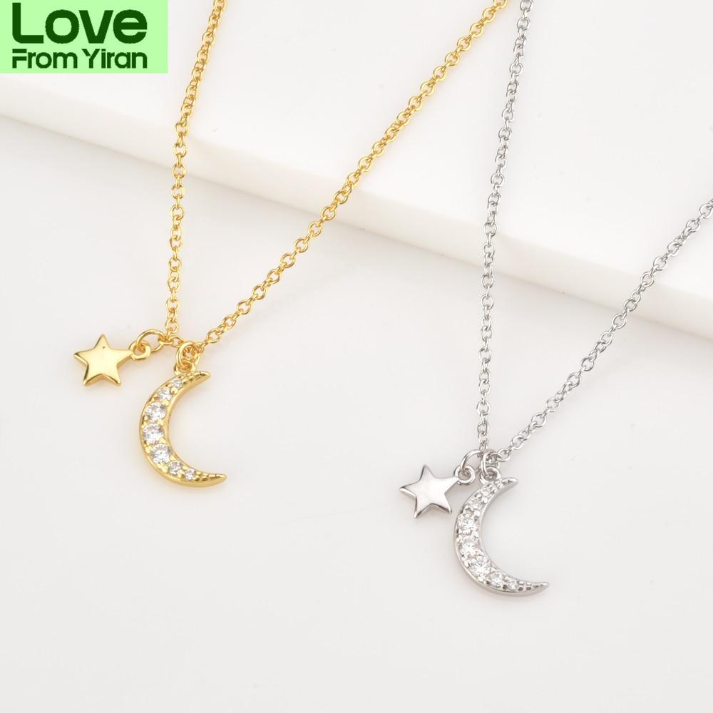 925 Sterling Silver Gold Zircon Cz Moon Star Pendant Charm Long Chain Necklace Women Wedding Jewelry Crystal Luxury