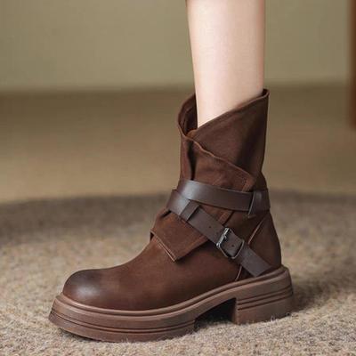 Женские осенне-зимние ботинки Мартин на массивном каблуке: Ботильоны в британском стиле, на меху, на среднем каблуке, с пряжкой, мотоциклетные