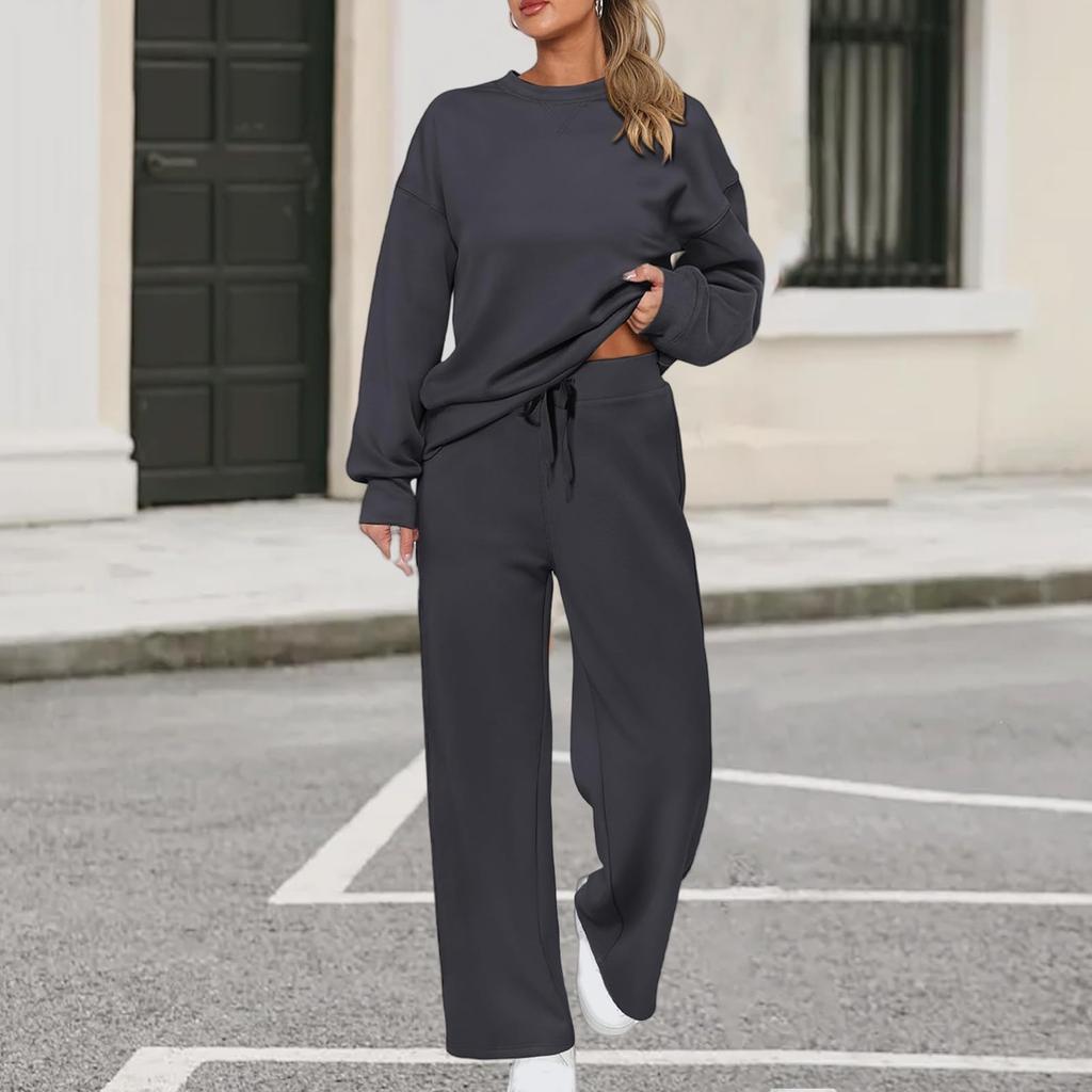 Women's Sports Suit: Solid Color Pullover, Drawstring Straight-leg Sweatpants, Women's Two-piece Casual Suit