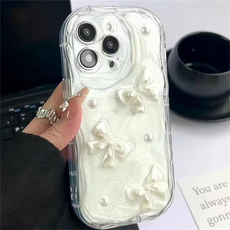 Cute Korean 3D Bow Pearl Phone Case For iPhone 15 14 13 12 11 Pro Max 14 Plus XS XR XS Max Shockproof Soft Cover