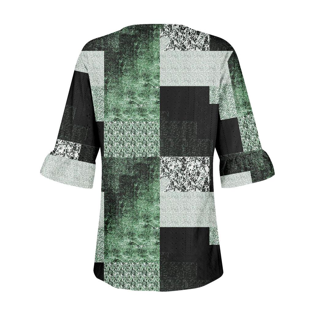 Рубашки с рукавом 3/4 для женщин, свободная футболка с принтом, топы с v-образным вырезом и рюшами на рукавах