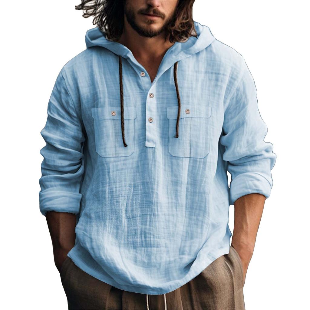 Мужская летняя однотонная куртка с карманами из хлопка и льна с длинным рукавом, на пуговицах, с капюшоном