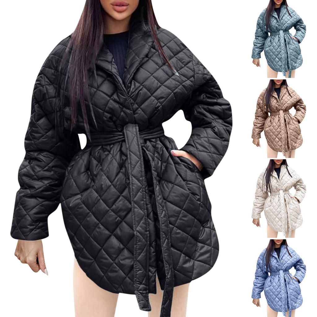 Women's Long Sleeve Rhombus Solid Color Thickened Button Cotton Outerwear Coat  Jacket