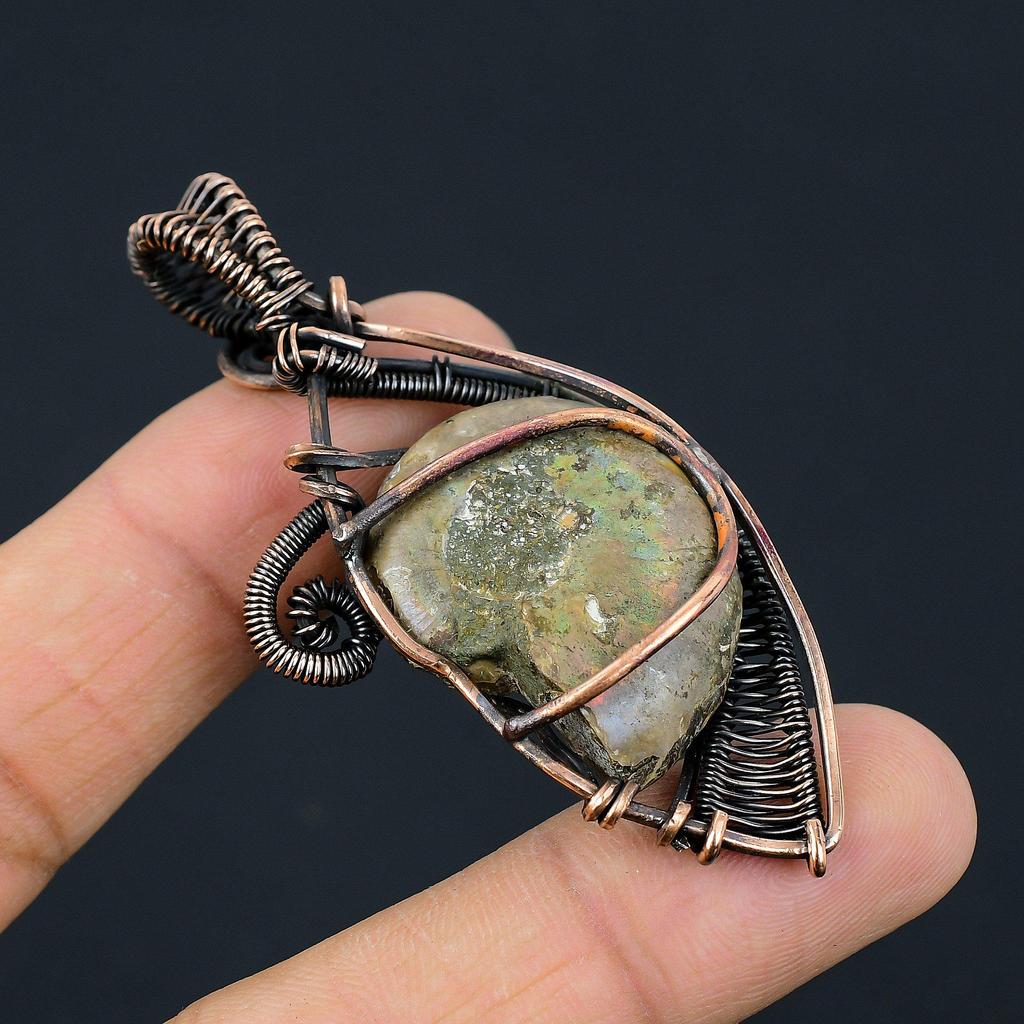 Аммонит ископаемый драгоценный камень медная проволока обертывание ювелирные изделия ручной работы красивый кулон подарок для любви