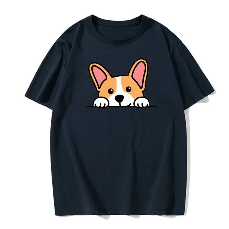 Cute Dog Corgi Print Summer Short-sleeved Casual Daily Versatile Men's Top Cotton European Size Comfortable T-shirt