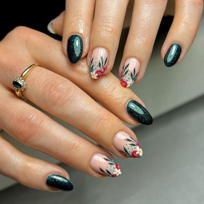 Нежный ретро-цветок, зеленый блеск, европейские и американские осенние готовые планшеты для дизайна ногтей, накладные ногти в европейском и американском стиле, можно смешивать