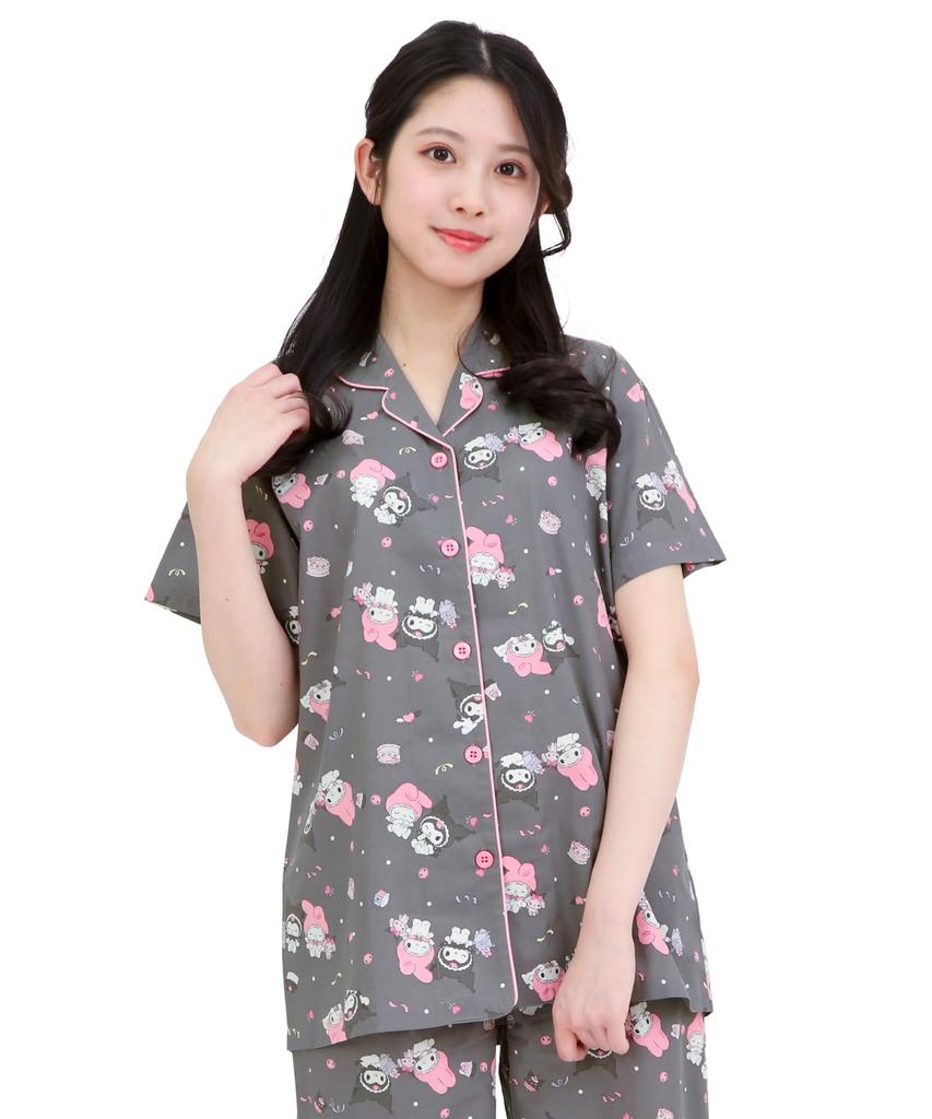 SAZAC Angel My Melody x Kuromi Рубашка Хлопок Короткий Рукав и Длинные Брюки Домашняя Одежда Пижама, 100% Поплин, Женский Комплект, (Черный/M/SAN1947)