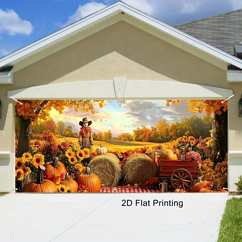 1 piece vintage autumn harvest scarecrow and haystack garage door flag -2D flat printing large fabric cover