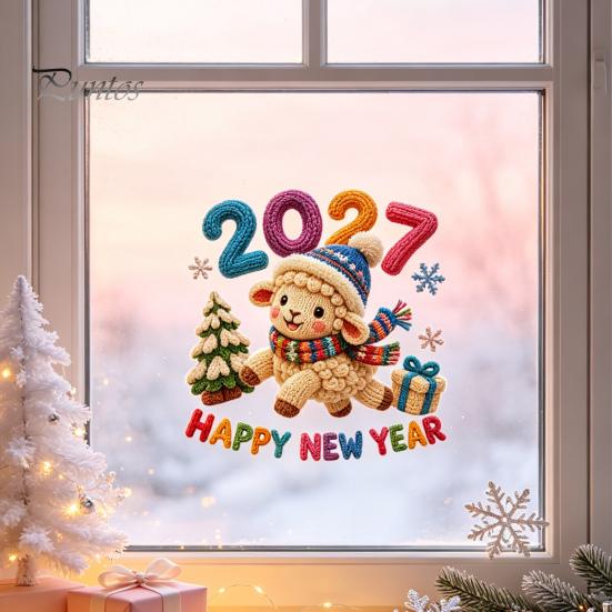 Seasonal Store Decorations Chinese New Year Window Stickers, 2027 Goat Static Clings, Reusable Home Holiday Decor Crochet Knit Lamb Decals,