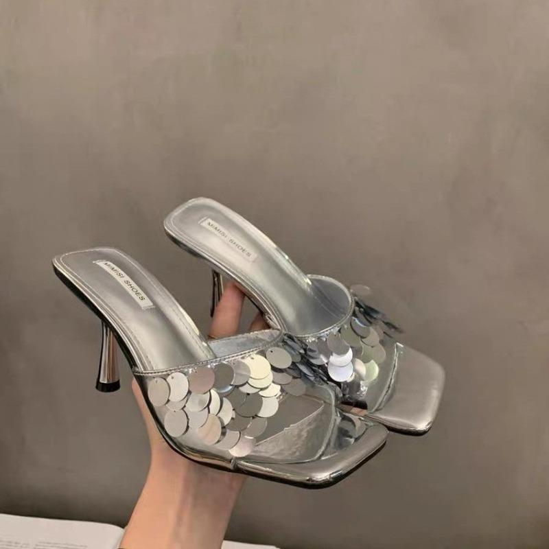 Лето 2025 Горячие Продажи Женские Туфли на Высоком Каблуке и Шлепанцы Модные и Элегантные Квадратный Носок Уличные Универсальные Серебристые Женские Туфли
