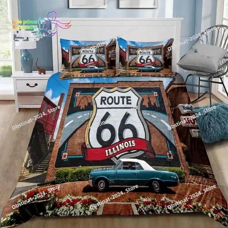 3D Historic American Route 66 Bedding Set Printed Bed Set Duvet Cover Sheet Pillowcase Bed Soft Quilt Cover Full Queen King Size