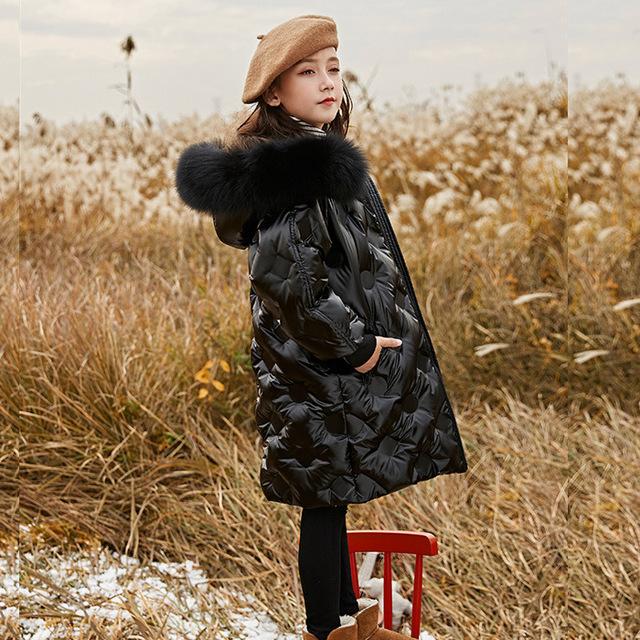 Зимняя мода No-Clean Белый утиный пух Детское длинное пальто Теплый меховой воротник для девочек Зимние куртки Детская верхняя одежда