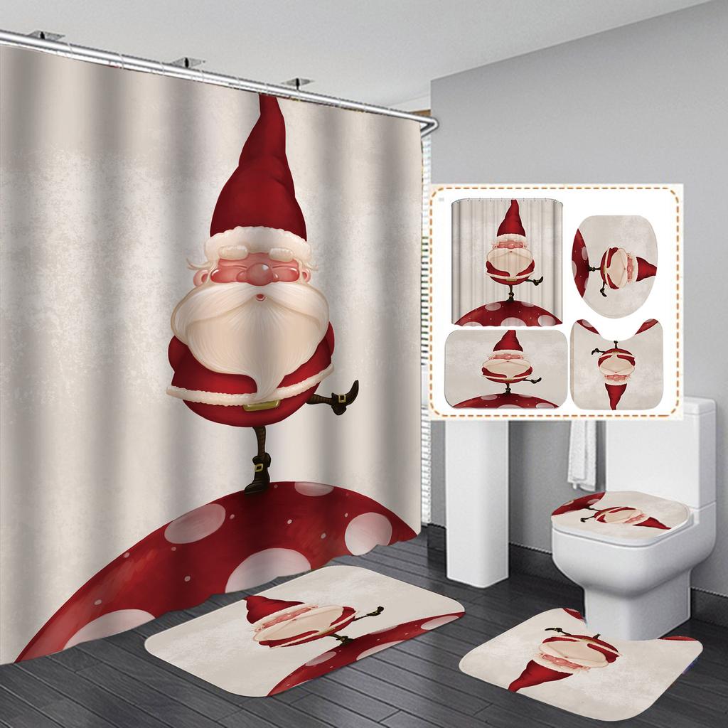 С Рождеством Ванная Комната 4 Шт. Набор Снеговик Санта-Клаус Узор Водонепроницаемая Занавеска Для Душа Коврик Для Унитаза Нескользящий Коврик Домашний Декор