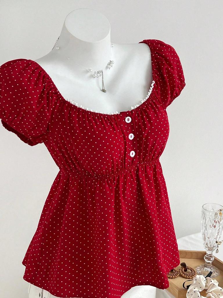 Летний элегантный топ 2026 года с U-образным вырезом, кружевом и горошком, на трех пуговицах, модный стройнящий дизайн