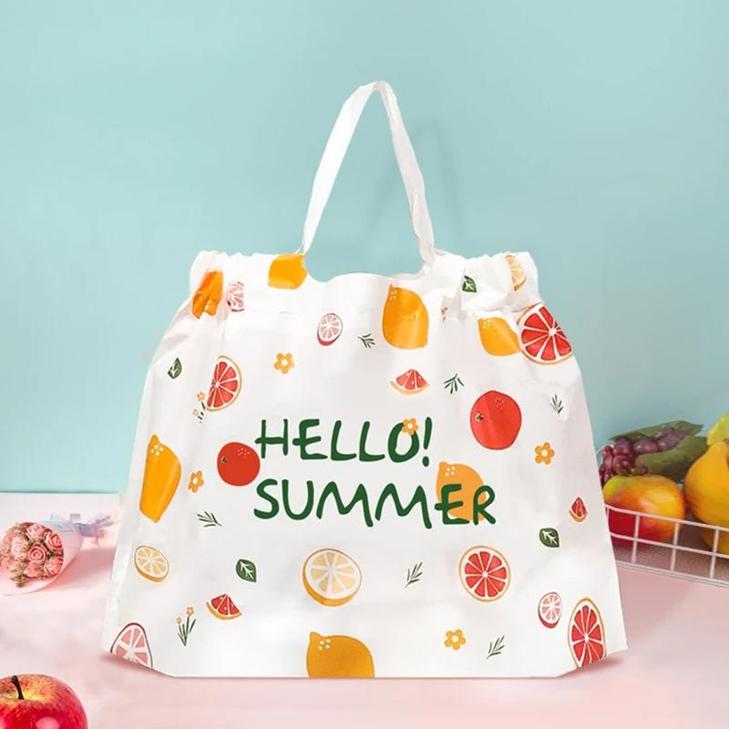 50 шт., толстая пластиковая упаковка с завязками вишни, сумка на вынос с завязками, зеленая, синяя, с ручными ручками, сумки для фруктов, мультяшный медведь, комплект, карман