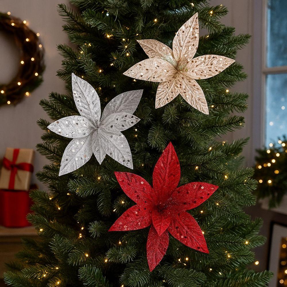 25cm Christmas Artificial Flowers Sequin Mesh Handmade Poinsettia Flower Realistic Decorative Simulation Glitter Flower