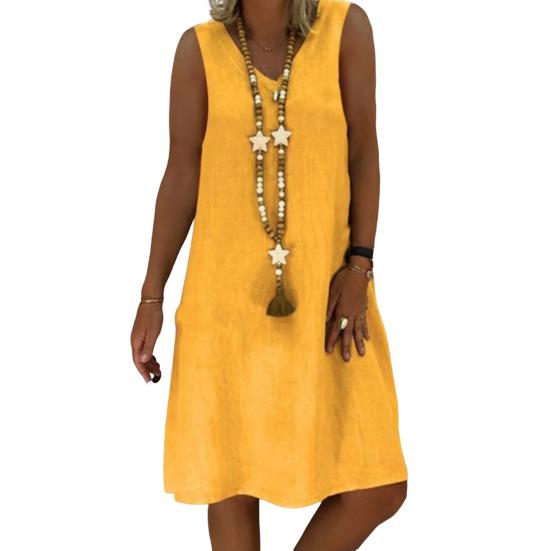 Lady Summer Dress Sleeveless V Neck A-line Solid Color Knee Length Midi Dress Pullover Vest Type Vacation Beach Dress