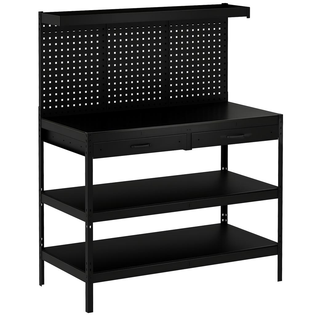 Workbench with Adjustable Shelves, Pegboard and 2 Drawers, 122x61x156 cm, Black