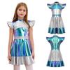 Kids Girls Glossy Metallic Outer Space Cutie Costume Halloween Alien Fancy Cosplay Costume Cap Sleeve Dress Roly Play Clothings