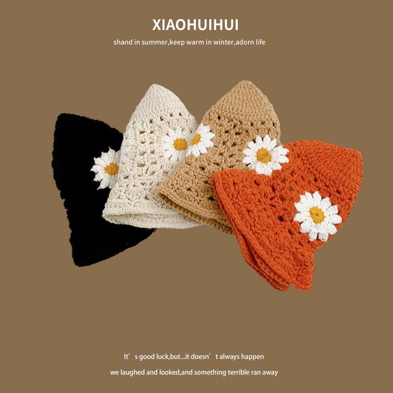 Весенне-осенние цветы Вязаная шапка ручной работы Детская нишевая полая шерстяная Универсальная шляпа-ведро Подчеркивает маленький тренд
