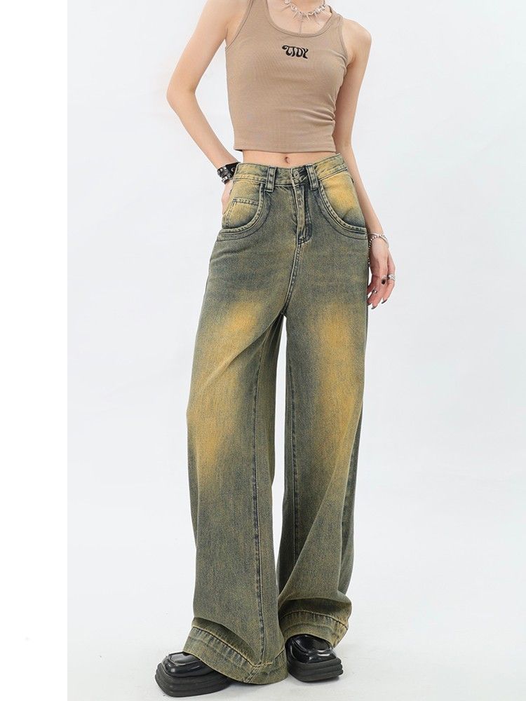 Американский ретро-градиентный дизайн, прямая трубка с высокой талией, свободные и узкие новые женские джинсы в стиле ретро.