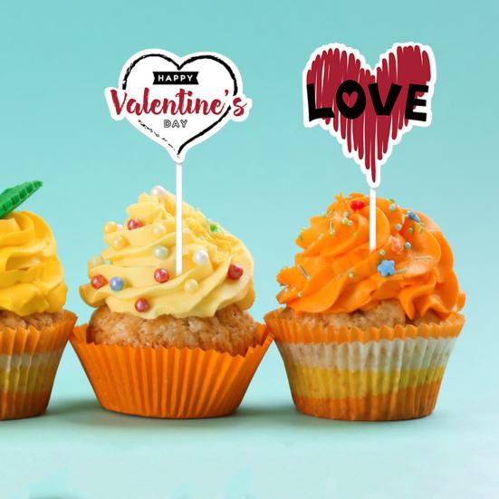 12Pcs Sweet Valentine Day Cupcake Toppers Heart Shape Letter Print Cake Topper Decoration Food Appetizer Stand
