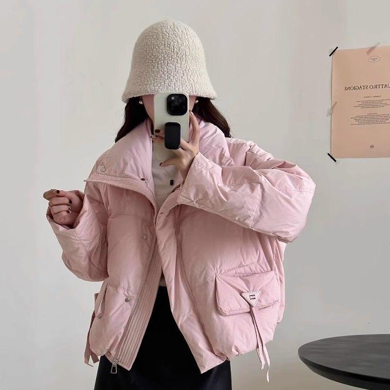 Womens Short Puffer Jacket Winter Warm Cotton Coat Loose Fit Stand Collar Solid Color Small Stature