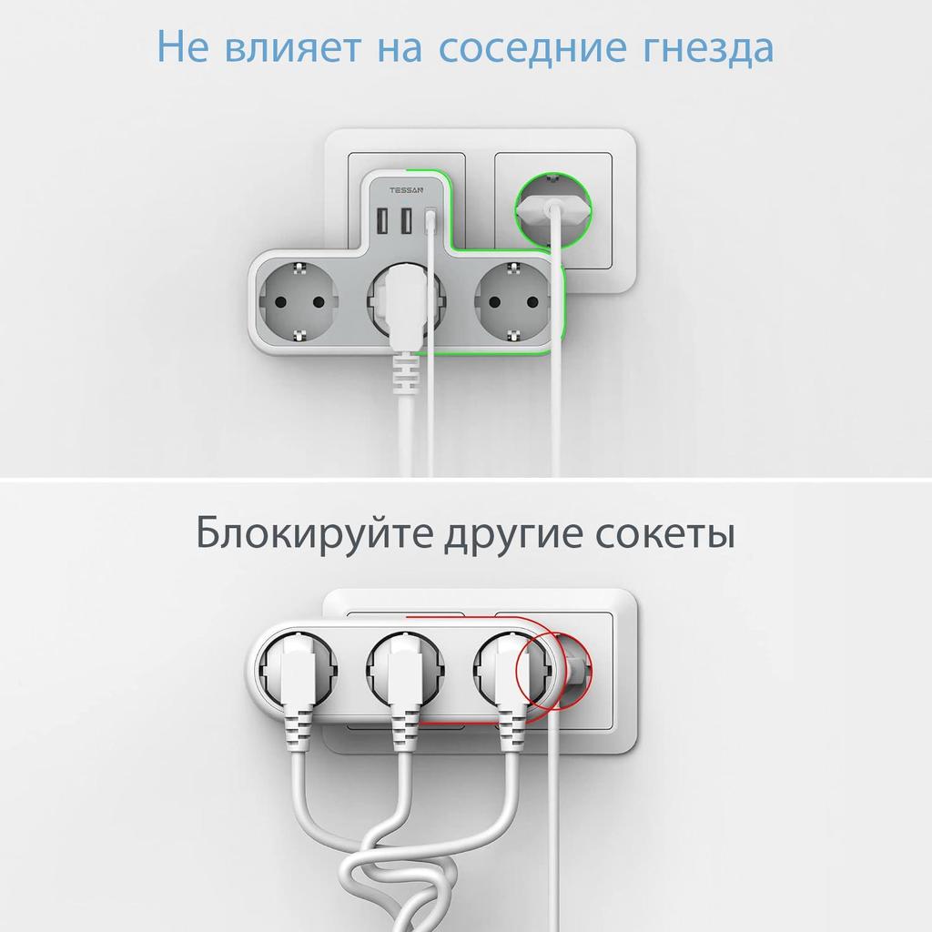 Tessan Черная многофункциональная настенная розетка с 3 розетками переменного тока и 2 портами USB 1 Type C, USB-адаптер 6 в 1 с защитой от перегрузки для смартфона, планшета