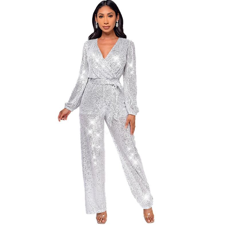 Sparkly Jumpsuits For Women Dressy Formal Plus Size Long Sleeve Sequin Party Rompers Sexy V Neck Wide Leg Pants Suit