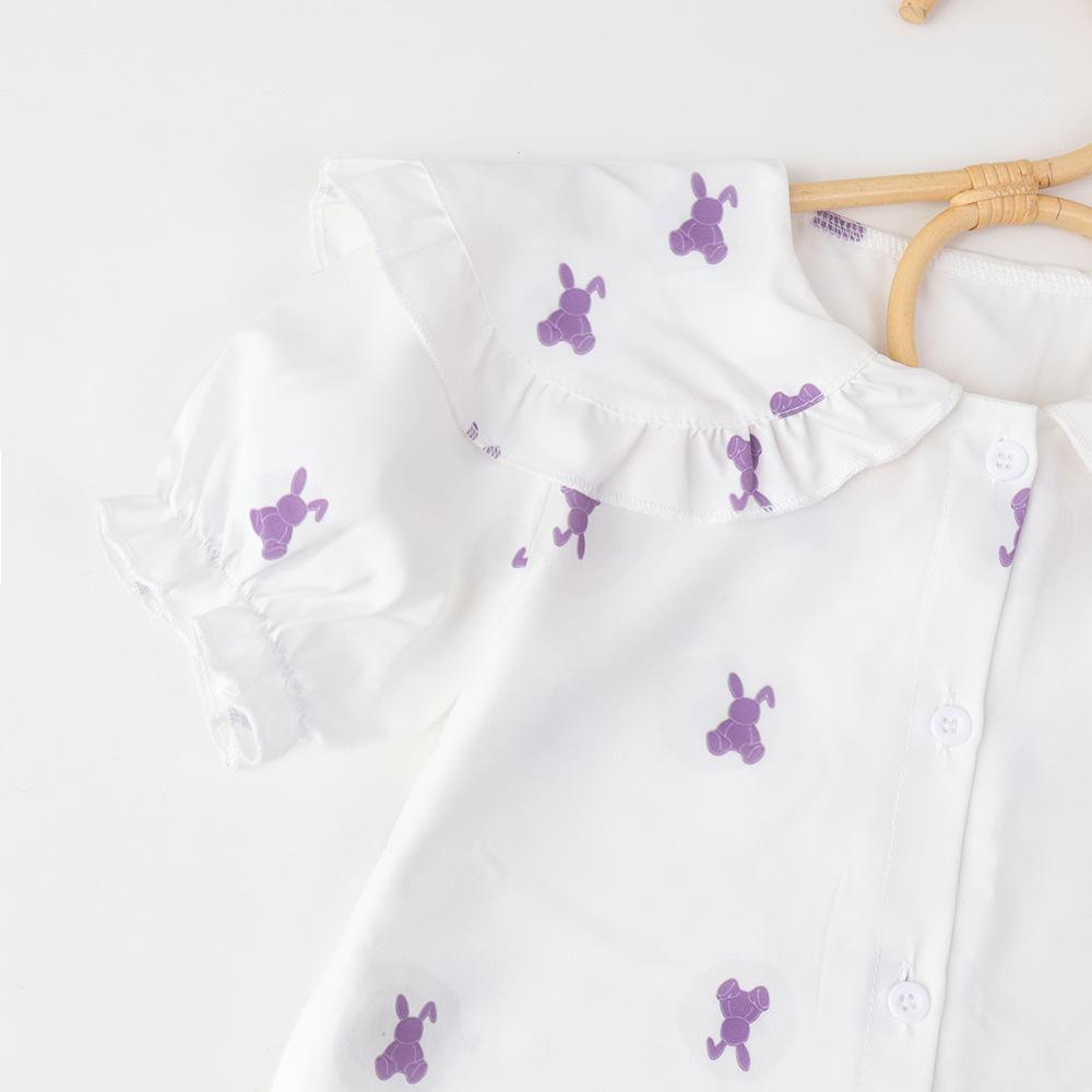 Girls Summer Preppy Pleated Skirt Set With Ruffle Short Sleeve And Rabbit Embroidery Two Piece Outfit For Kids