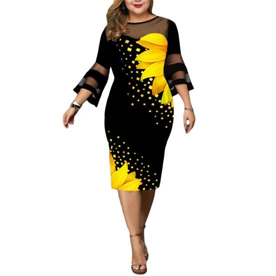 Женские нижние юбки больших размеров, женское платье с цифровым принтом, сетчатое лоскутное элегантное облегающее платье до середины икры с расклешенными рукавами для свадьбы