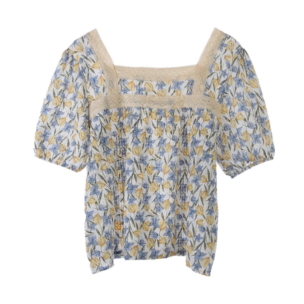 Женский шикарный топ с цветочным принтом и французским квадратным вырезом 2023 года с рукавами-фонариками