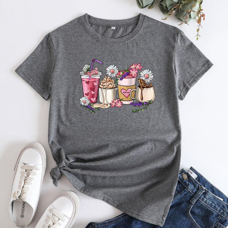 COTTON 100% Women's Milk Tea Cup Print round Neck Short-Sleeved T-shirt European And United States Style Casual Top Clothing