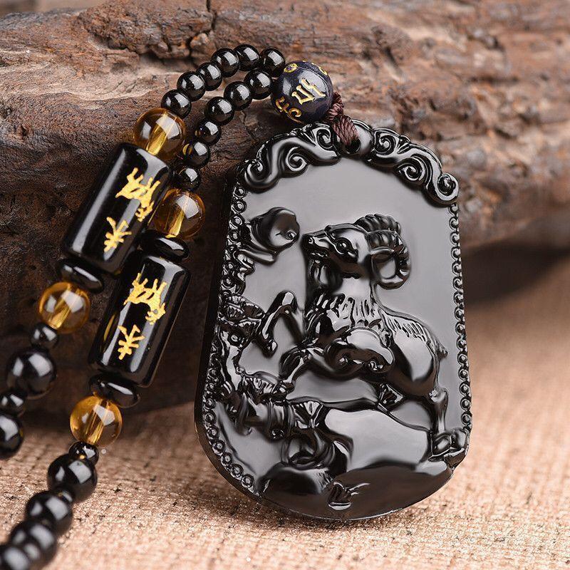 Retro Chinese Style Simulate Obsidian Engraved Zodiac Signs Animal Pendant Necklace for Men Jewelry