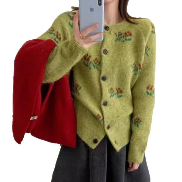 Korean Retro Floral Crochet Loose Fit Cardigan Sweater