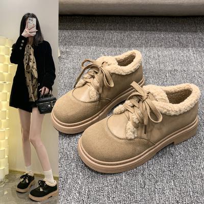 Флисовые повседневные туфли-одинарки женские осень-зима 2025 новые толстоподошвенные пушистые туфли носить теплые хлопковые туфли маффины туфли-одинарки