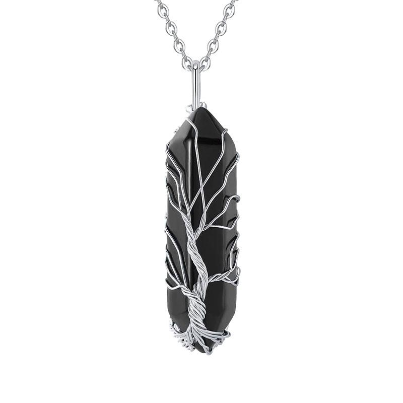 Tree of Life Natural Crystal Hexagonal Pendant Necklace with Wire-Wrapped Design
