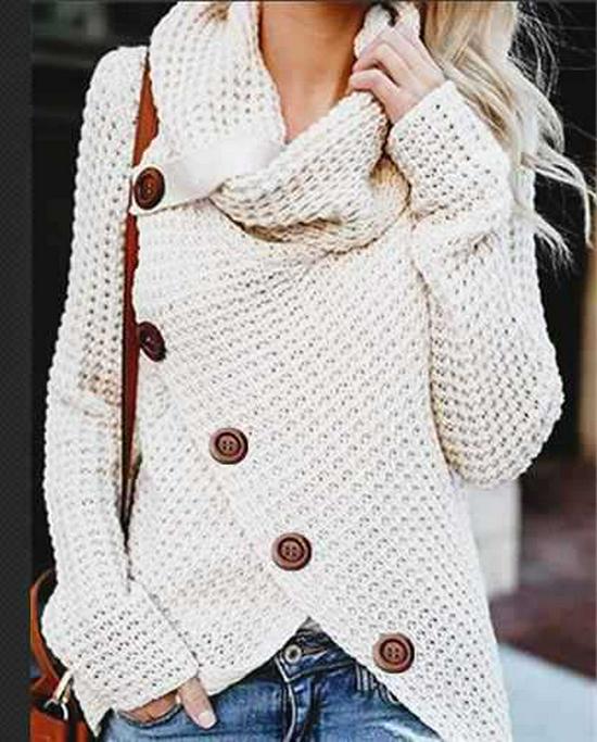 Autumn/Winter Women's Long-Sleeve Irregular Knit Color Block Button Sweater