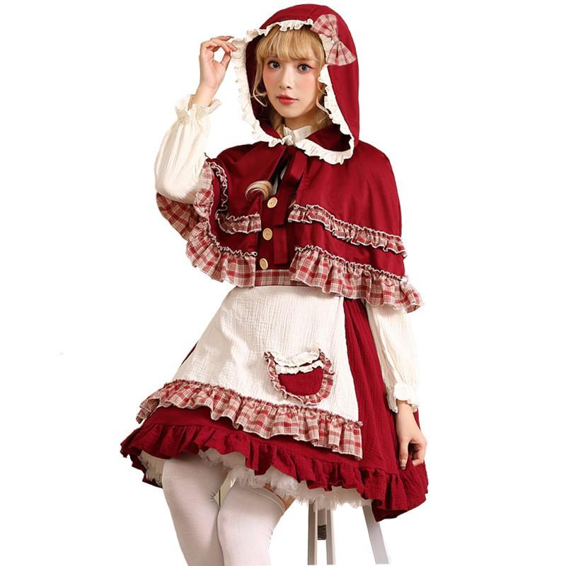Halloween Little Red Riding Hood Costume Bow Wine Cape Fairy Tale Cosplay Women