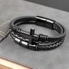 MingAo New Custom Engraved Family Name Beads Cross Bracelets Black Braided Leather Stainless Steel Bracelets for Men Fathers