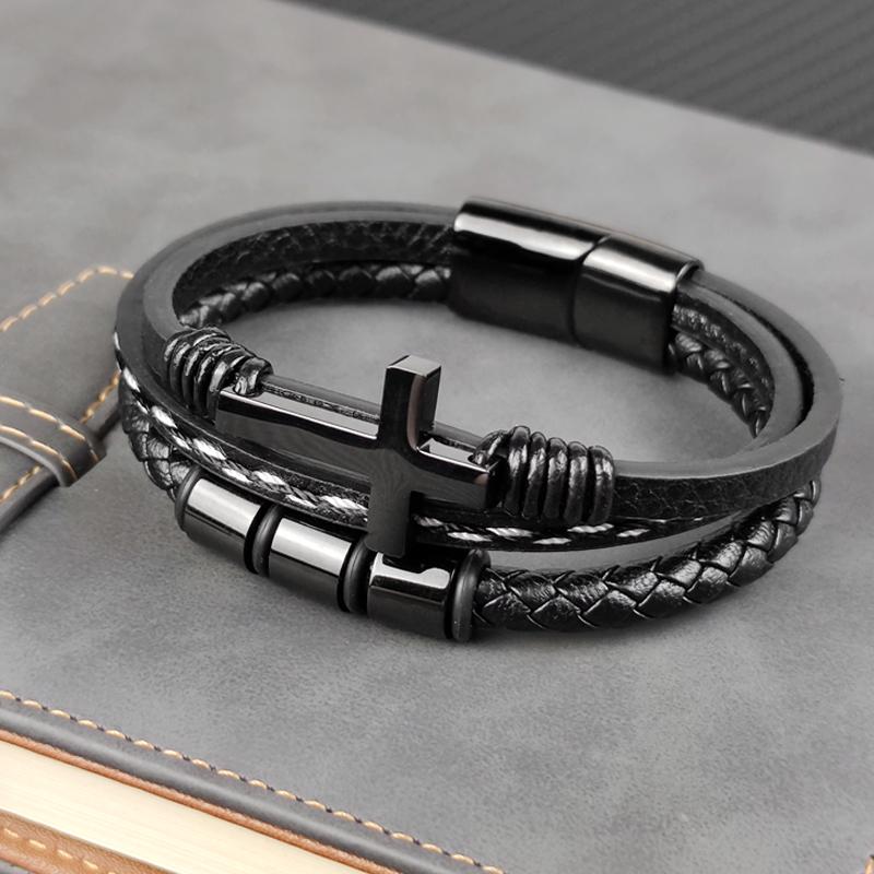 MingAo New Custom Engraved Family Name Beads Cross Bracelets Black Braided Leather Stainless Steel Bracelets for Men Fathers