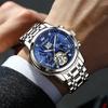 OLEVS Популярные Синие Автоматические Часы Скелетон Крутые Стильные Наручные Часы Светящиеся Календарь Дата Водонепроницаемые Синие Мужские